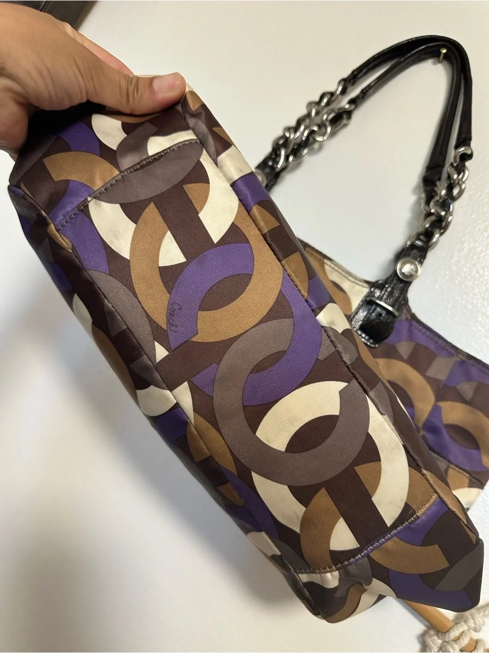 Coach Brown, Purple & Cream Signature Link-Print Chain Tote